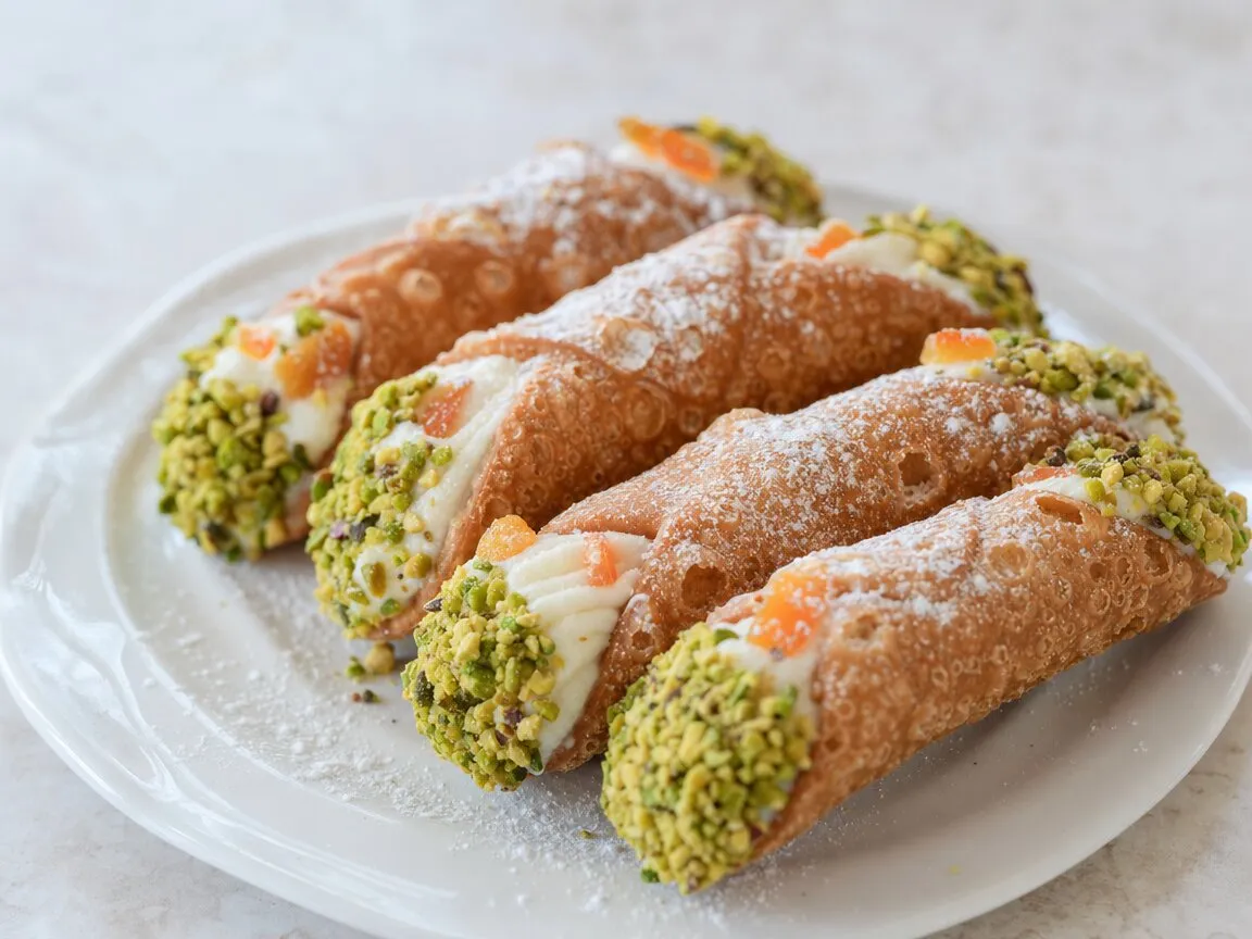 Cannoli siciliens garnis de crème de ricotta, bouts à la pistache et à l’orange confite