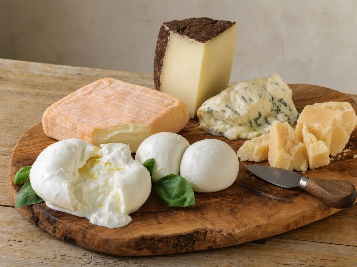 Burrata ouverte, mozzarella di bufala, taleggio, pecorino, gorgonzola et parmigiano sur une planche d’olivier