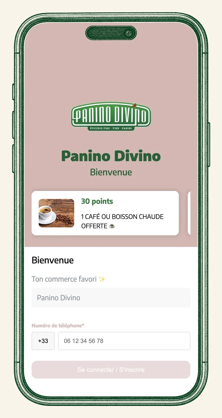 Gravure d’un téléphone qui affiche la page d’inscription du programme de fidélité : logo de la boutique, première récompense et champ du numéro de téléphone